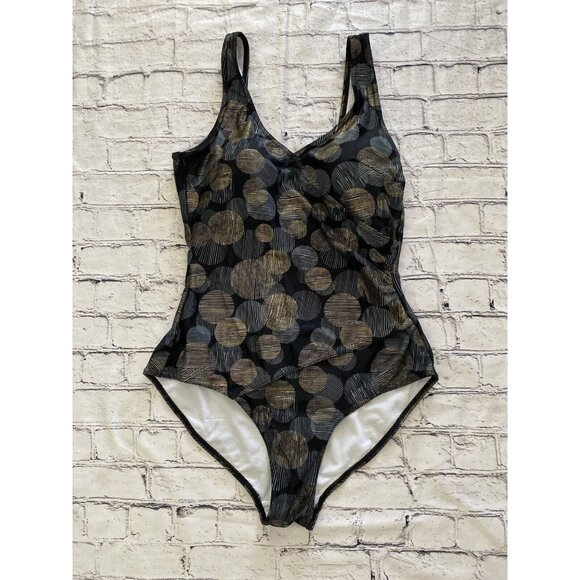 Byron Blue Australia Womans‎ One Piece Swimsuit Black Gold Blue Circle Size 12 - Picture 1 of 16